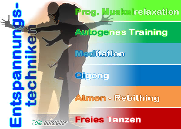 Die von uns im owi - open way institute eingesetzten Entspannungsmethoden:  Atmen - Rebirthing, Autogenes Training - AT, Freies Tanzen, Progressive Muskelrelaxation, Meditation, Qigong - www.open-way-institue.org